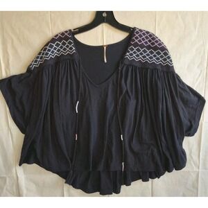 Free People Black Boho Embroidered Peasant Blouse Top Women's Large